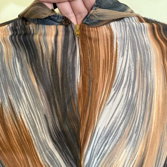 B Altman & Co Blouse 14 Vintage Abstract Tie Neck Long Sleeve Work Career Brown - Picture 5 of 9